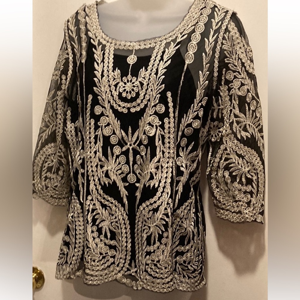 Ultra Pink Black Lace Top with Gold Embroidery